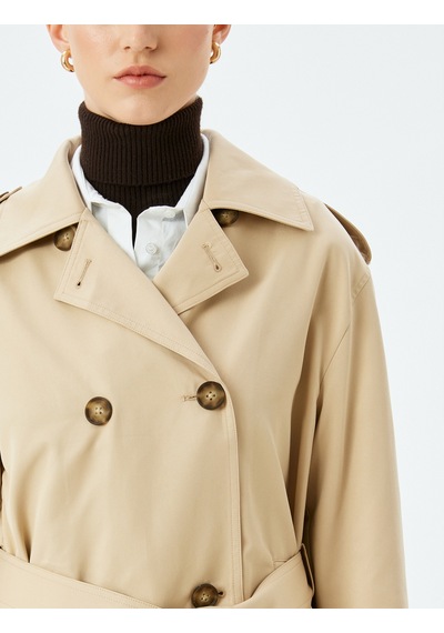 Koton Cepli Düğmeli Kemerli Kruvaze Oversize Kısa Trençkot Bej 5sak00007ew Ekru