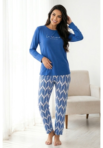 Mataş Kadın Desenli Bambu Viskon Uzun Kollu Soft Örme Mevsimlik Yumuşak Pijama Takımı Mavi