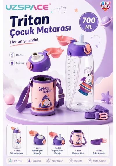 700 Ml Büyük Boy Kılıflı 2 Ayrı Kapaklı Pipetli / Pipetsiz Tritan Su Matarası Mor-yavruağzı