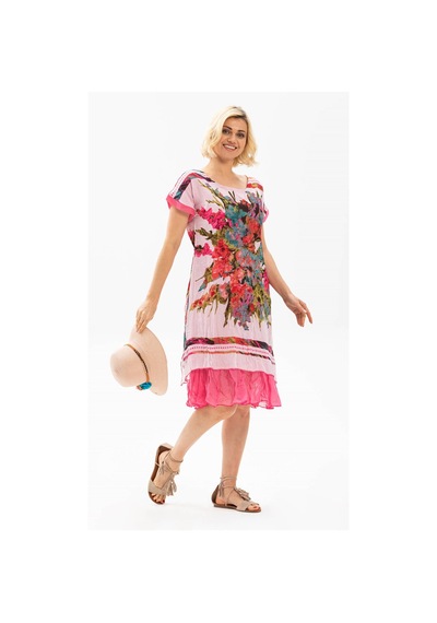 Eliş Şile Bezi Kısa Kol Vual Defne Midi Boy Elbise Pembe 6060 Pembe