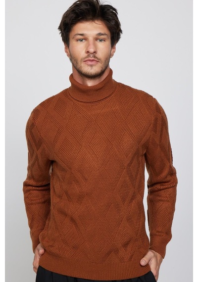 Tudors Slim Fit Dar Kesim Tam Balıkçı Yaka Desenli Kahverengi Erkek Triko Kazak-29716-kahverengi Kahverengi