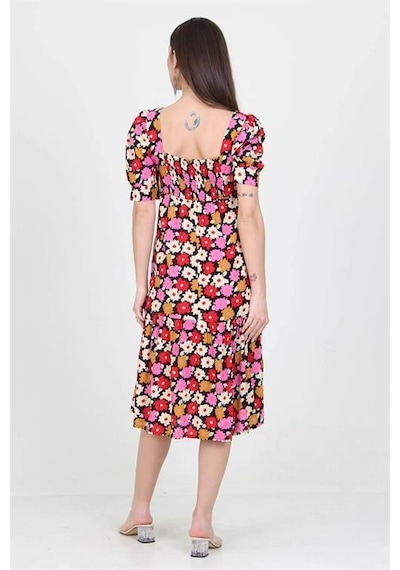 Dip Moda Kadın Kare Yaka Çiçek Desenli Viskon Elbise Dpnb10026 Kırmızı