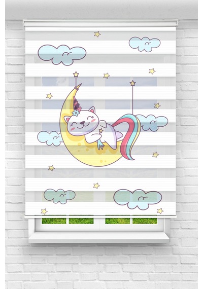 Perdecizade Enxboy Uyuyan Kedi Dijital Baskılı Zebra Perde-cocuk Odası-stor Perde Renkli
