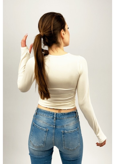 Kadın Bisiklet Yaka Parmak Detaylı Spor Body Basic Soft Touch Spor Crop Ekru