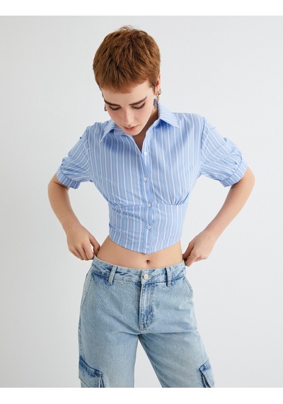 Koton Crop Balon Kol Gömlek Slim Fit Pamuklu Mavi Çizgili 4sal60038ıw 4SAL60038IW6S2 Mavi