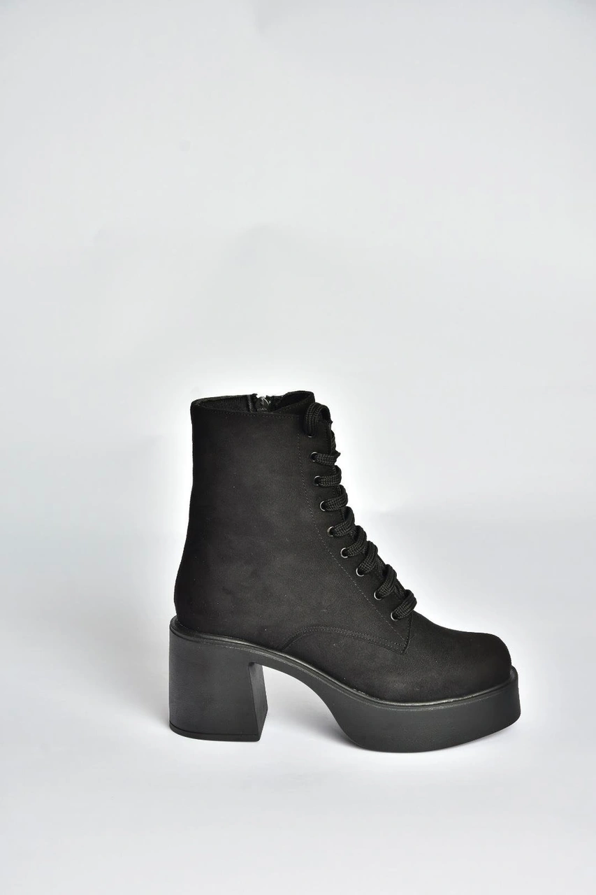 Fox Shoes V726681502 Siyah Süet Kalın Topuklu Bağcıklı Kadın Bot Siyah-Süet