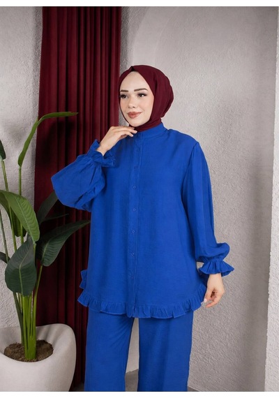 Hira Life Fashion Kadın Çilek Kumaş Dik Yaka Düğmeli Fırfır Detaylı Tesettür Tunik Pantolon İkili Takım Mavi Mavi Hira Life Fashion Kadın Çilek Kumaş Dik Yaka Düğmeli Fırfır Detaylı Tesettür Tunik Pantolon İkili Takım Mavi Mavi