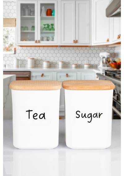 2'li Ahşap Vakumlu Kapaklı Kare Akrilik Tea Sugar Erzak Saklama Kabı 900 Ml Şeffaf