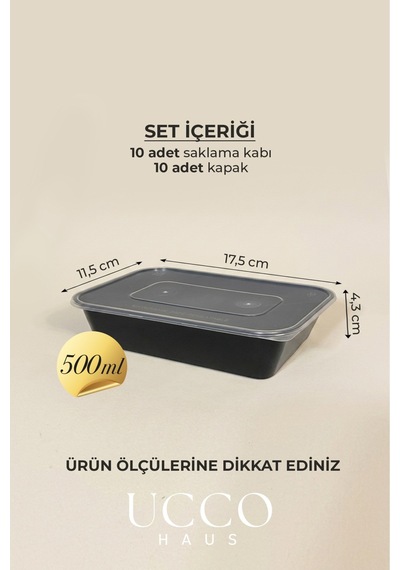 500 Ml Kapaklı Buzluk Mikrodalga Saklama Kabı - 10 Adet- Et, Kıyma, Yemek, Salata Buzdolabı Organizeri Siyah