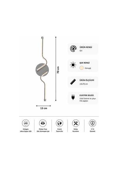 AvizeGO Kuno Modern Led Duvar Apliği Günışığı Gri