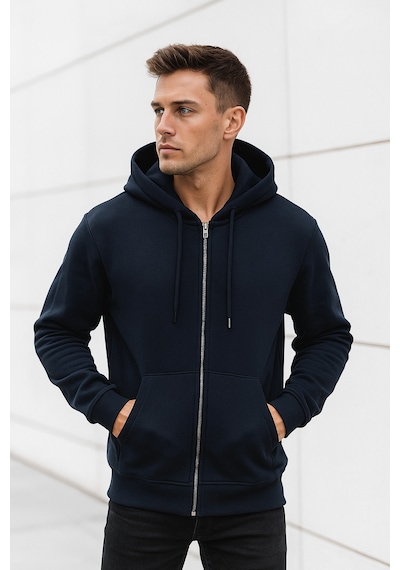 Rich Erkek Lacivert Kapüşonlu Kanguru Cepli Fermuarlı Sweatshirt Lacivert