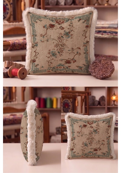 Otantik Çiçekli Saçaklı Yastık Kılıfı - Vintage Floral Bej Turkuaz Krem Püsküllü Kırlent Kılıfı Puslu Düş Opal