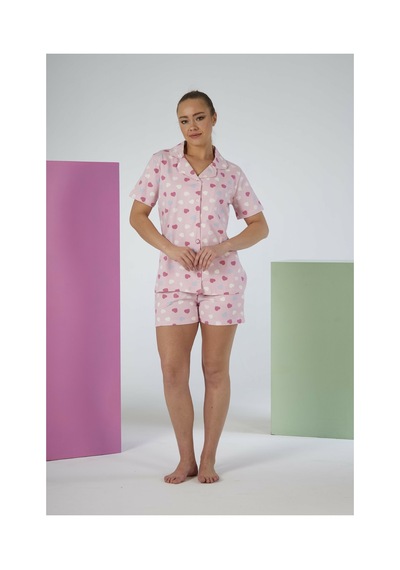 Estiva Kadın Yazlık Kalp Desenli Önden Düğmeli Şortlu Penye Lycra Pijama Takımı PEMBE