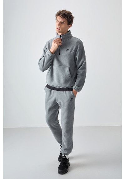 Tommy Life Gri Melanj Yarım Fermuar Dik Yaka Lastik Paça Polar Erkek Eşofman Takımı - 85159 GRİ MELANJ