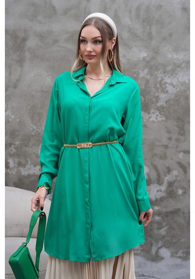 Polologin Butik Yeşili Dökümlü Uzun Gömlek Tunik Yeşil