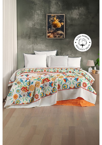 %100 Pamuk, Karnaval Desen Çift Kişilik Pike Yatak Örtüsü 200x230 Cm Sarı