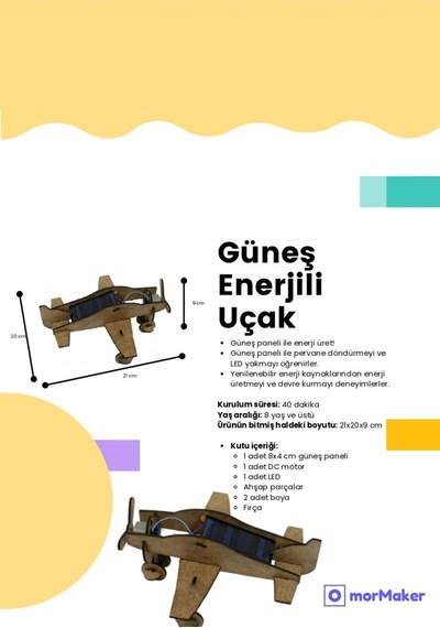 Türk Malı Güneş Enerjili Uçak Ahşap Oyuncak Stem-a Eğitim Seti Çocuklar İçin Boyanabilir Maket