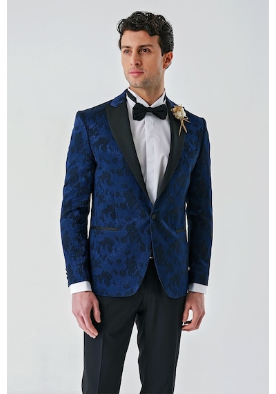 İmza Koyu Lacivert Çıkarılabilir Kırlangıç Yaka Likralı 6 Drop Slim Fit Smokin Damatlık 1001240204-Koyu Lacivert