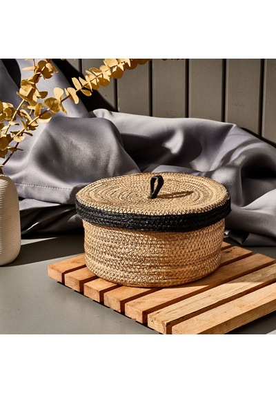 Living Mustard Kapaklı Örgü Sepet - Bej / Siyah - 22x11 Cm Çok Renkli