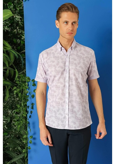 Efor Slim Fit Düğmeli Yaka Şal Desenli Kısa Kol Pamuk Lila Gömlek G 1501 Lila