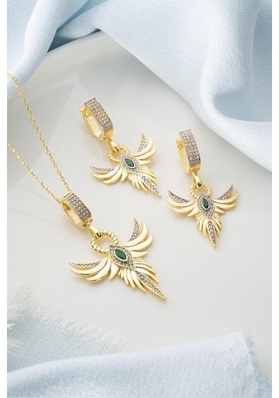 Tr 925 Ayar Gümüş Zümrüdüanka Kolye Küpe Seti, Kadın, Gold Genel