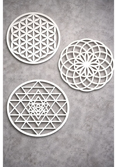 Ahşap Yaşam Çiçeği Sri Yantra Torus Nefesi Üçlü Dekoratif Tablo Duvar Süsü Ev Hediyesi Diğer