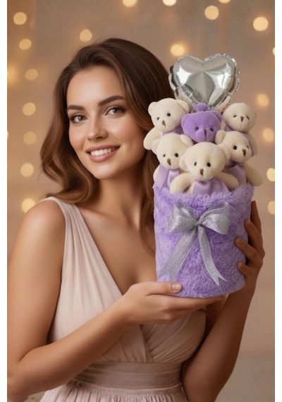 Sevgililer Günü Ne Özel: Premium Kalp Balonlu Deluxe Peluş Lila Ayıcık Buketi Özel Kutulu Tasarım