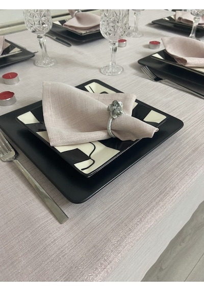 Keten Görünümlü Begonvil Simli Masa Örtüsü Pudra Pembe 25 Parça Set
