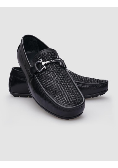 Cabani Borgino %100 Hakiki Deri Siyah Örgü Detaylı Erkek Loafer