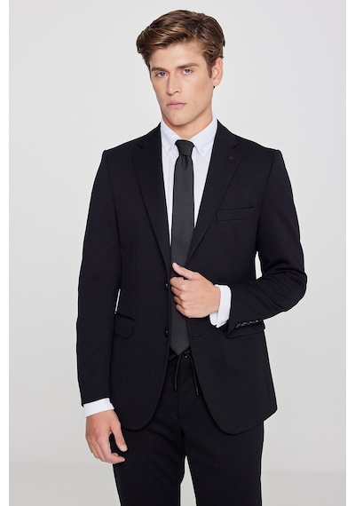 AC&Co / Altınyıldız Classics Erkek Sıyah Slim Fit Dar Kesim Mono Yaka Beli Bağlamalı Kapak Cepli Esnek Takım Elbise Siyah