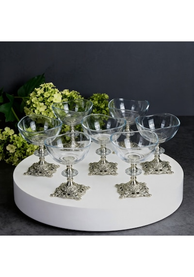 Elta Collection 6 Adet Metal Ayaklı Gümüş Detaylı Vira Magnolia-kase-dondurmalık-şekerlik Gri