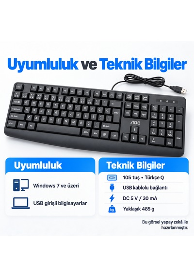 Aoc Kb120 Türkçe Q Usb Kablolu Sessiz Klavye Siyah