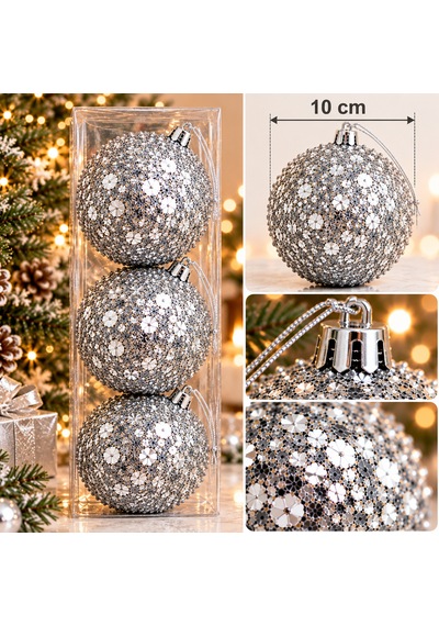 3'lü Lüks Yılbaşı Ağacı Top Süsü Seti 10 Cm - İp Dokulu & Işıltılı Süsleme Topları Beyaz, Gold, Gümüş, Kırmızı - 9059366128713 Diğer
