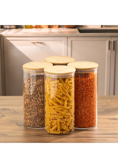 Porsima 417 4lü 1300 Ml Bambu Vakumlu Kapaklı Cam Kavanoz Seti Saklama Kabı 10x20cm Şeffaf