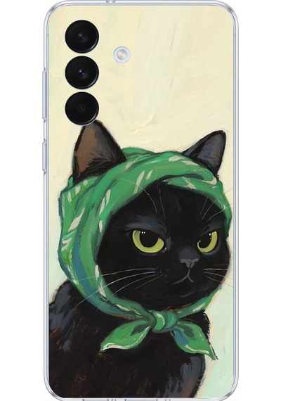 Samsung Galaxy S26+ Plus Uyumlu Babushka Yeşil Başörtülü Siyah Kedi Baskılı Silikon Kılıf Renkli