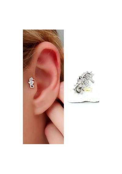 Zirkon Taş Detaylı Deniz Atı Figürlü 925ayar Gümüş Tragus Helix Kikirdak Piercing Gümüş