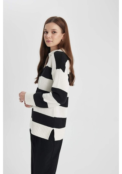 DeFacto Regular Fit Polo Yaka Çizgili Triko Kazak Tunik B8370AX24SPER133 Ekru