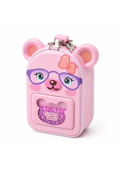 Lucky Bear Kilitli Metal Kumbara Pembe Anahtarlı Para Kutusu 15 Cm Çocuk Kumbarası 001