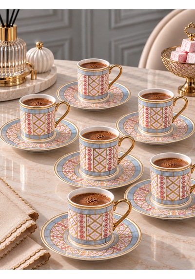 6 Kişilik Porselen 24k Mosaic Kahve Fincanı-7805 Çok Renkli