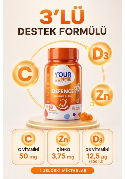 Y'our Gummie Defence C Vitamini Çinko ve D3 Gummies Portakal Aromalı 60 Gummies