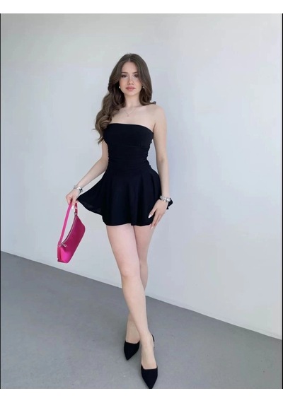 Moda Kadın Straplez Mini Etek Görünümlü Şortlu Elbise Büzgülü Şık Yazlık - Siyah Çok Renkli