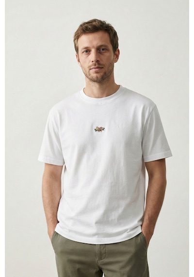 Elemge Pamuk Compact Penye Süprem Beyaz Koala Nakışlı Trend Fit Erkek Tok Kumaş T-shirt Rahat Kesim 2XL