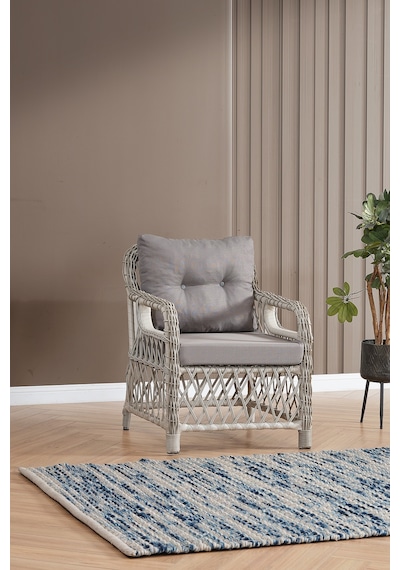 Edra Rattan Puflu Bahçe Balkon Takımı 3+1+1+camı Masa Kemik Rengi Kemik