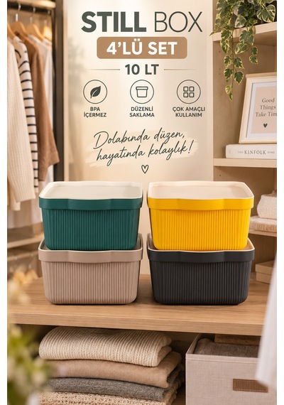 Porsima 4516 Mix Still Box 4'lü Kapaklı Çok Amaçlı Saklama Kutusu Seti 10 Lt Mutfak & Buzdolabı Düzenleyici Kutu Çok Renkli
