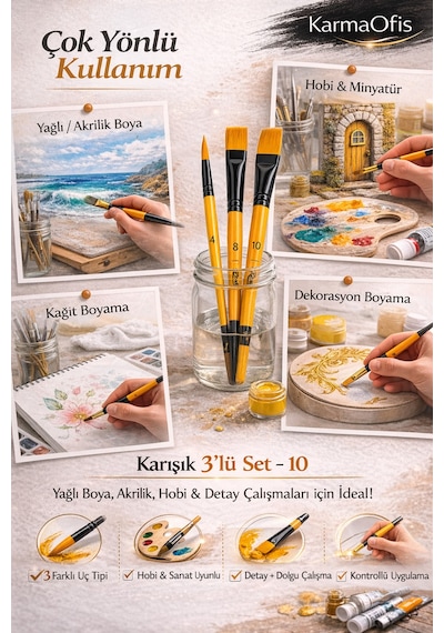 3 Lü Karışık Boya Fırça Seti Set 10 Yuvarlak, Yan Kesik Ve Düz Uçlu Profesyonel Hobi Fırçası