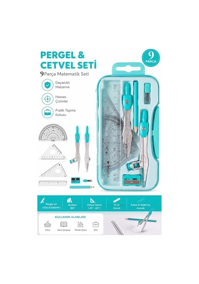 Metal Pergel Seti 9 Parça 1 Paket 9121 Profesyonel Pergel Çizim Proje Matematik Mimar Mühendis Çizim Seti Cetvel Gönye Yeşil