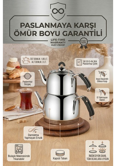 Özkent K-408 Lotus Aile Boy Paslanmaz Çelik Kendinden Süzgeçli Çaydanlık 4,85 Lt 1,85+3lt