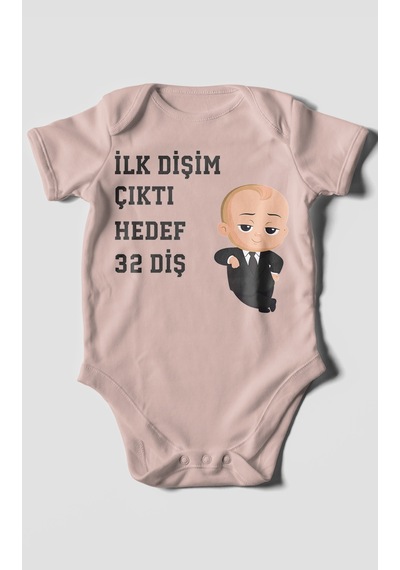 Morivokids İlk Dişim Çıktı Hedef 32 Diş Kısa Kollu Bebek Body Pastel Pembe