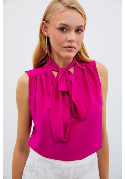 Sateen Fularlı Kolsuz Bluz - Fuşya