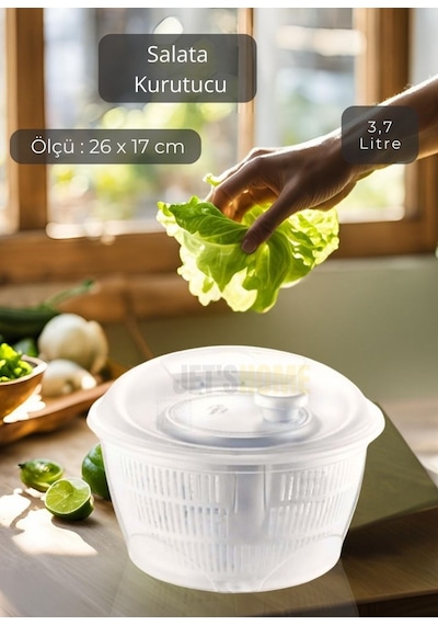 Salata Kurutucu Kilitli Kapak Sebze Kurutucu Bpa Free Yeşillik Yıkama Kurutma Kabı 3,7 Litre Beyaz
